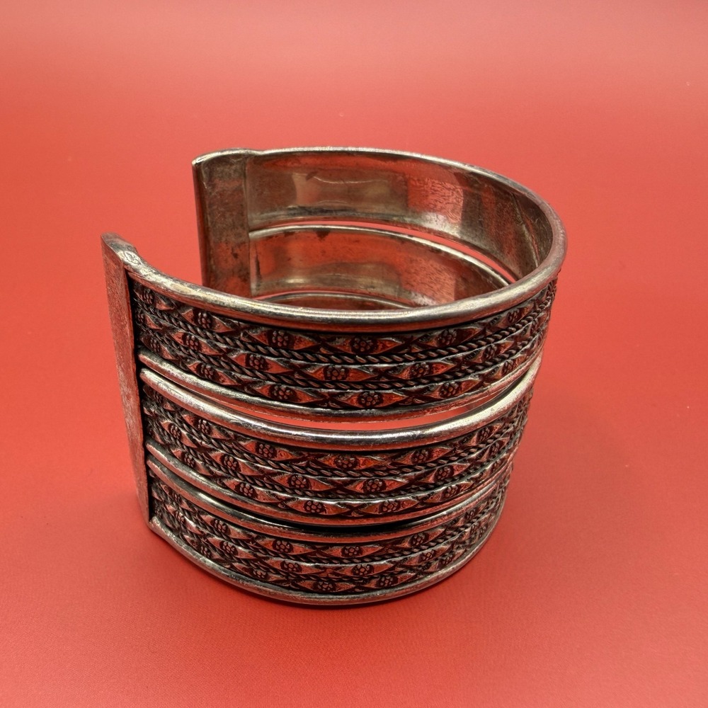 Silver Tone Wide Cuff Bracelet Textured Tribal Boho Statement Vintage Style